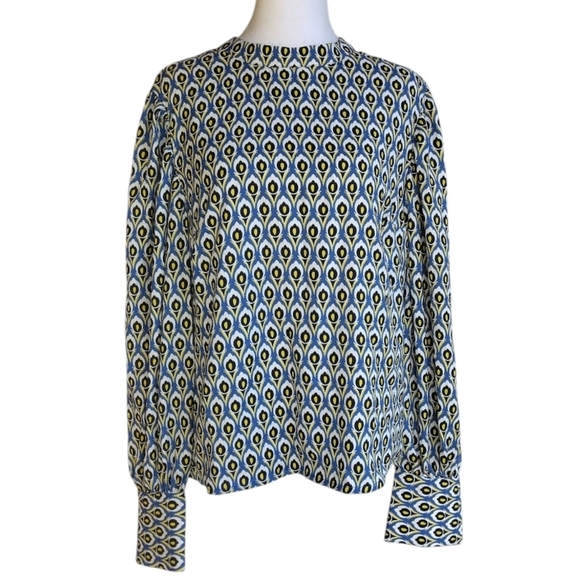 Cupcakes & Cashmere Blue Mod Print Bishop Sleeve Button Cuff Blouse Large NWT - Picture 1 of 8